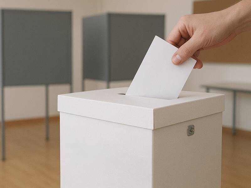 Eine Hand wirft einen Stimmzettel in eine weiße Wahlurne, im Hintergrund stehen Wahlkabinen.