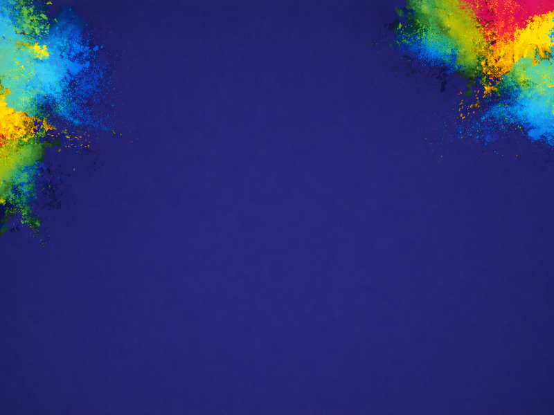 Vor einem dunkelblauen Hintergrund sind bunte Pulverexplosionen in Rot, Gelb, Grün und Blau an den Ecken des Bildes zu sehen.