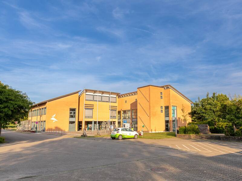 Eine breite Straße führt zu einem modernen Gebäudekomplex unter einem blauen Himmel, begleitet von einem grün-weißen Auto und umgeben von kleinen Bäumen.