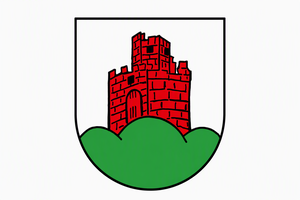 Das Bild zeigt ein Wappen mit einer roten Burg auf einem grünen Hügel vor weißem Hintergrund.