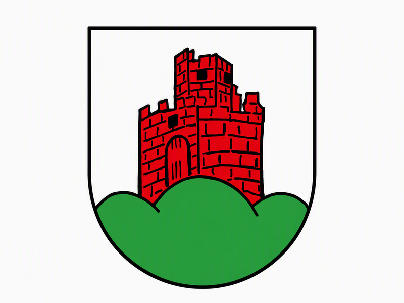 Das Bild zeigt ein Wappen mit einer roten Burg auf einem grünen Hügel vor weißem Hintergrund.