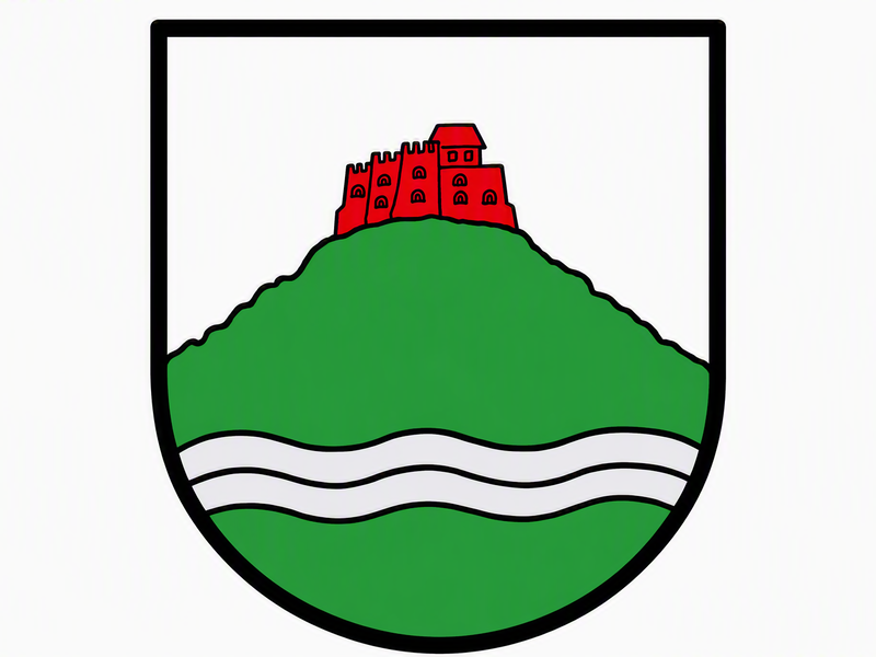 Ein Wappen zeigt eine rote Burg auf einem grünen Hügel mit einem silbernen, wellenförmigen Band darunter.