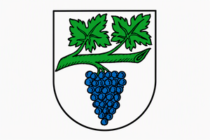 Das Bild zeigt ein Wappen mit einem grünen Weinstock und einer blauen Traube.