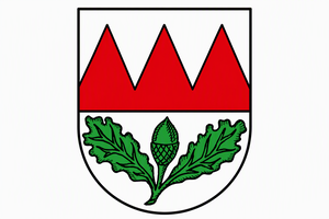Das Bild zeigt ein Wappen mit drei roten Spitzen oben und zwei grünen Eichenblättern mit einer Eichel unten.