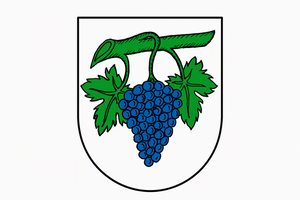 Das Bild zeigt ein Wappen mit einem grünen Rebstock, an dem eine Traube aus blauen Beeren hängt, umrandet von grünen Blättern.