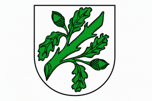 Ein Wappen zeigt einen grünen Eichenzweig mit drei Eicheln auf weißem Hintergrund.