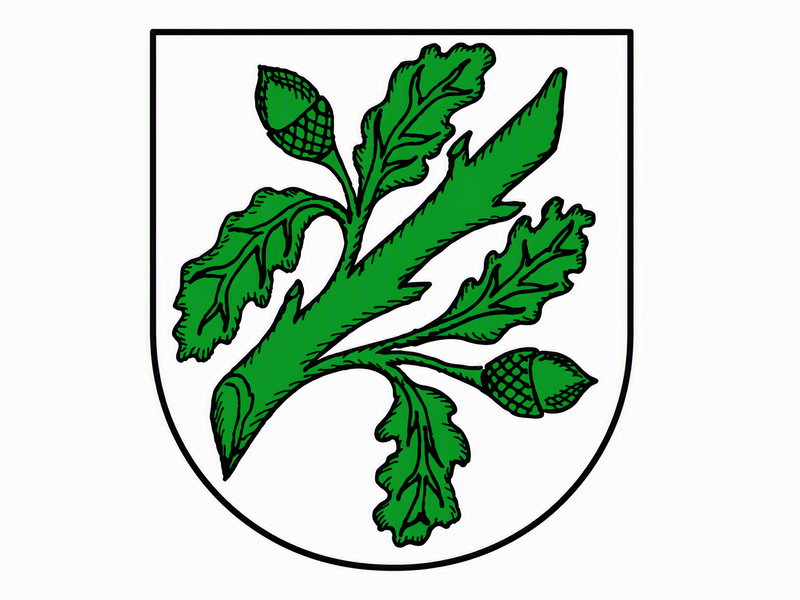 Ein Wappen zeigt einen grünen Eichenzweig mit drei Eicheln auf weißem Hintergrund.
