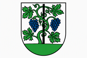 Auf einem Wappen ist eine grüne Weinrebe mit zwei blauen Trauben links und rechts abgebildet, die sich um einen zentralen schwarzen Pfahl windet.