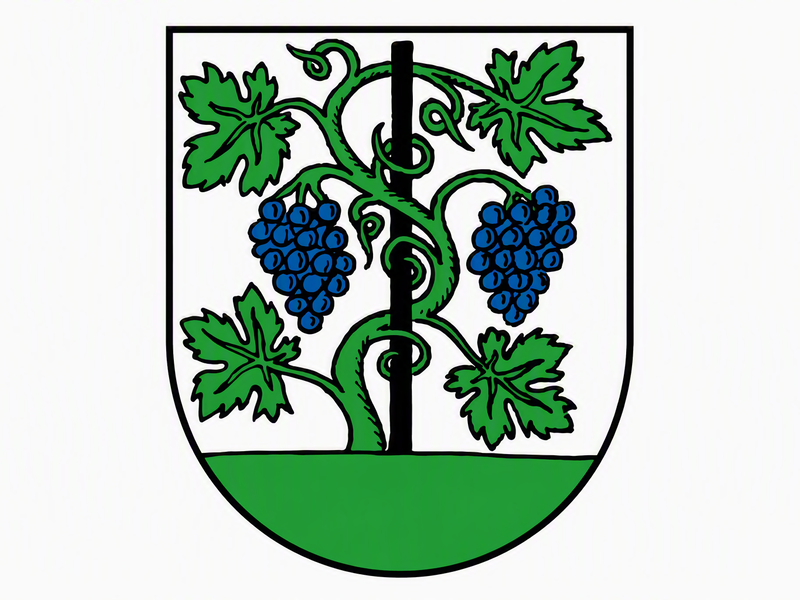 Auf einem Wappen ist eine grüne Weinrebe mit zwei blauen Trauben links und rechts abgebildet, die sich um einen zentralen schwarzen Pfahl windet.