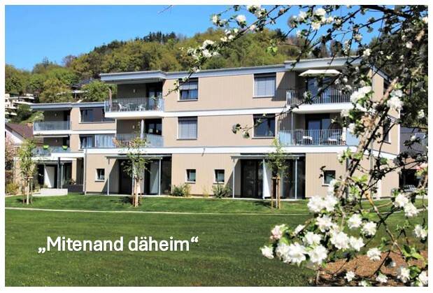 Ein modernes mehrstöckiges Gebäude mit Balkonen und einer grünen Wiese im Vordergrund, umgeben von blühenden Bäumen, mit dem Titel "Mitenand dähäim" und einem Text, der gemeinsames Wohnen für Alleinstehende bewirbt.