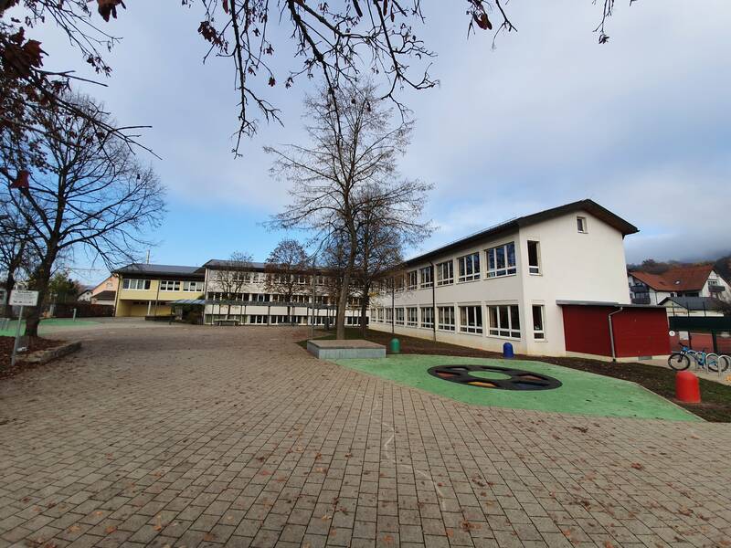 Ein Schulgebäude mit mehreren Flügeln, weißen Wänden und einem flachen Dach ist umgeben von einem Pausenhof mit Spielmarkierungen und Bäumen bei herbstlichem Tageslicht.