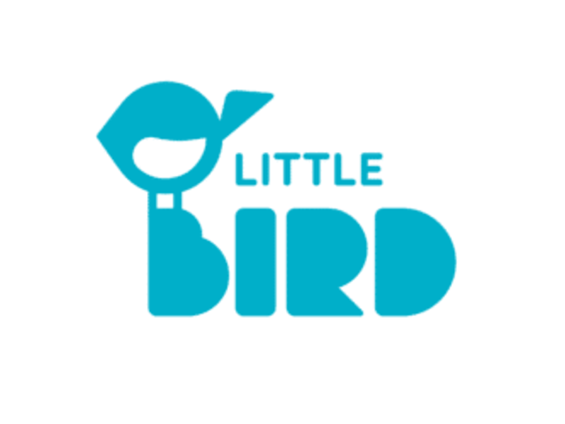 Das Bild zeigt ein stilisiertes blaues Logo mit den Worten "LITTLE BIRD", wobei der Buchstabe "B" in "BIRD" wie ein Vogelkopf mit Schnabel gestaltet ist.