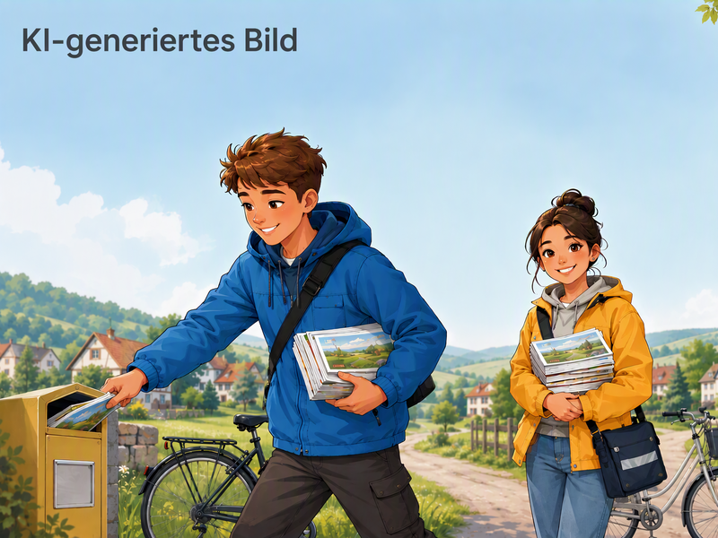 Ein Junge steckt einen Stapel Briefe in einen Briefkasten, während ein Mädchen daneben steht und einen weiteren Stapel hält, mit Fahrrädern und einer ländlichen Landschaft im Hintergrund.