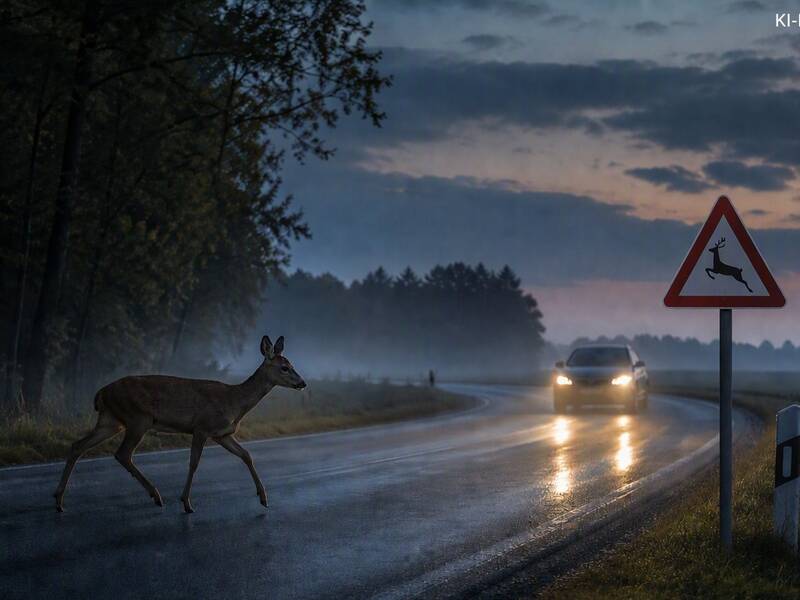 Ein Reh überquert bei Dämmerung eine nasse Landstraße, während ein Auto mit eingeschaltetem Scheinwerfer auf die Kurve zufährt; ein Wildwechsel-Warnschild ist sichtbar. KI-gener.Bild 