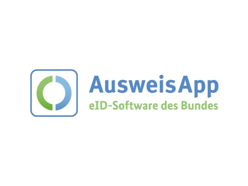 Das Bild zeigt das Logo der "AusweisApp" mit der Beschriftung "eID-Software des Bundes" in Blau und Grün sowie einem stilisierten, zweifarbigen Kreis.