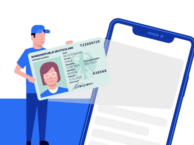Eine Illustration zeigt eine Person, die einen deutschen Personalausweis vor einem großen Smartphone hält.