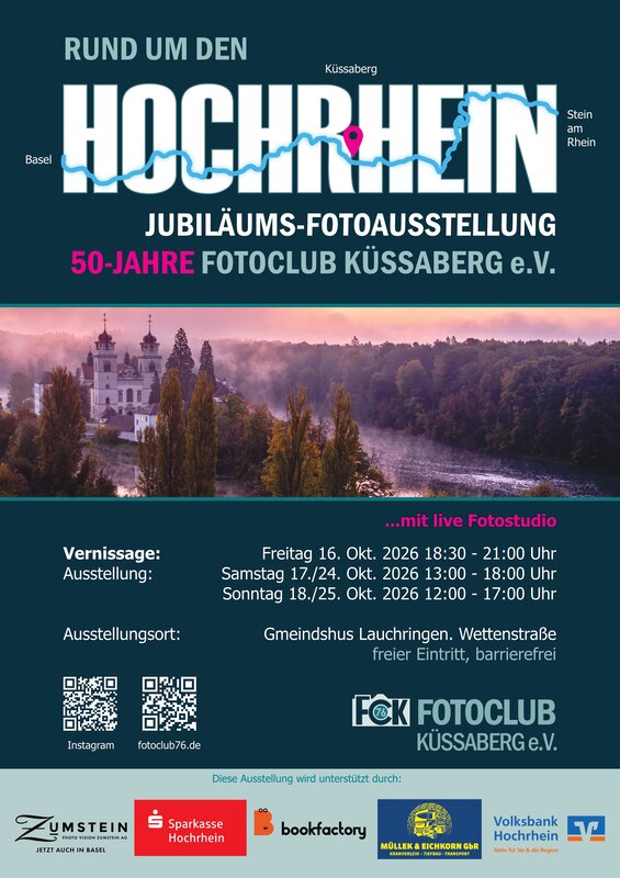 Die Grafik bewirbt die Jubiläumsfotoausstellung des Fotoclubs Küssaberg e.V. anlässlich seines 50-jährigen Bestehens, mit Informationen zu Vernissage, Ausstellungsdaten und -ort sowie Sponsorenlogos.