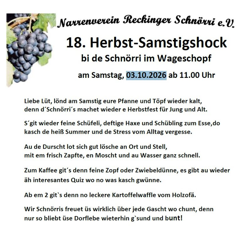 Eine Einladung des Narrenvereins Reckinger Schnörri e.V. zum 18. Herbst-Samstagshock am 3. Oktober 2026, mit Informationen über das Festprogramm und kulinarische Angebote.