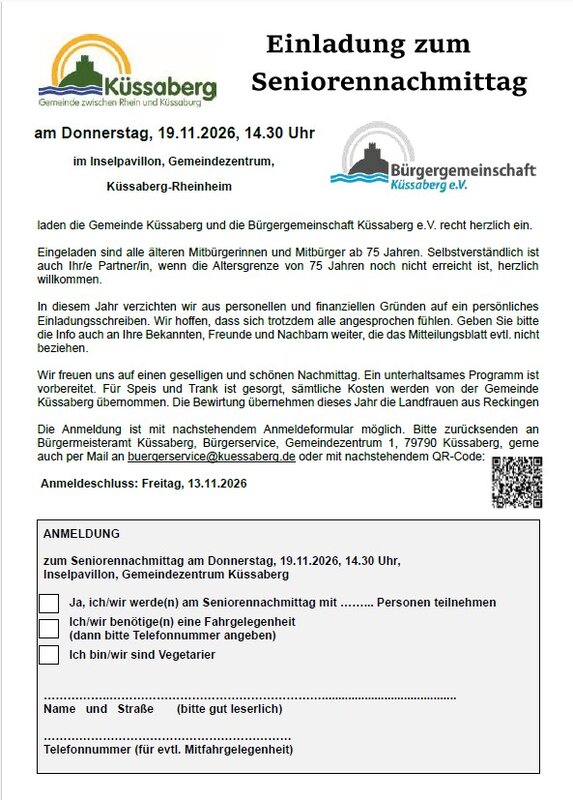 Eine Einladung der Gemeinde Küssaberg und der Bürgergemeinschaft Küssaberg e.V. zum Seniorennachmittag am 19. November 2026 mit Details zur Anmeldung und einem QR-Code.