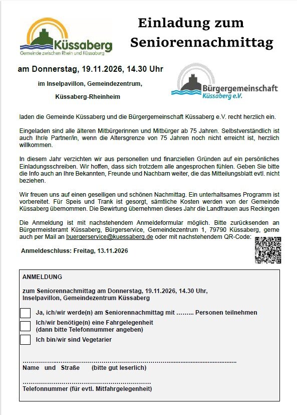 Eine Einladung der Gemeinde Küssaberg und der Bürgergemeinschaft Küssaberg e.V. zum Seniorennachmittag am 19. November 2026 mit Details zur Anmeldung und einem QR-Code.