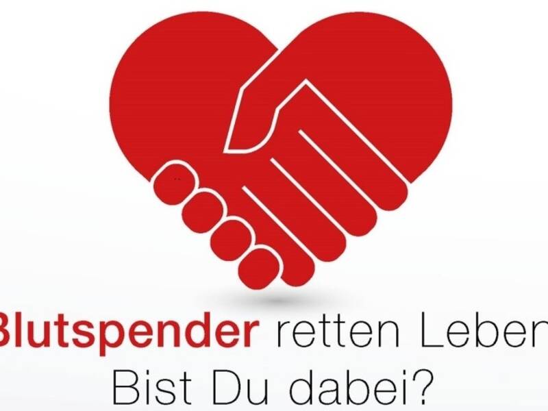 Ein großes rotes Herz, das aus zwei sich schüttelnden Händen besteht, ist über dem Text "Blutspender retten Leben. Bist Du dabei?" abgebildet.