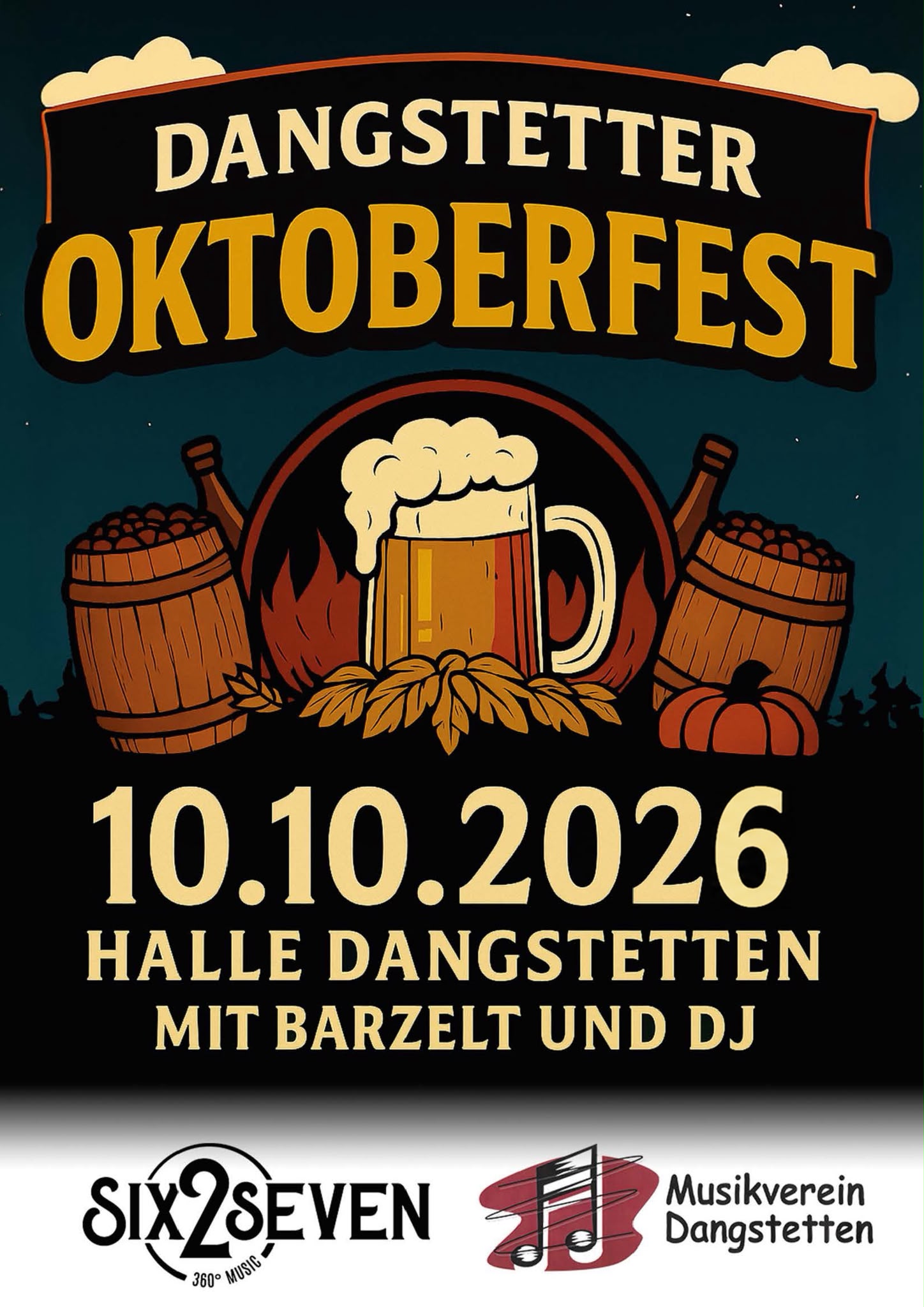 Ein Plakat für das Dangstetter Oktoberfest am 10. Oktober 2026 in der Halle Dangstetten zeigt ein Bierglas und Holzfässer, mit Hinweisen auf ein Bierzelt und einen DJ.