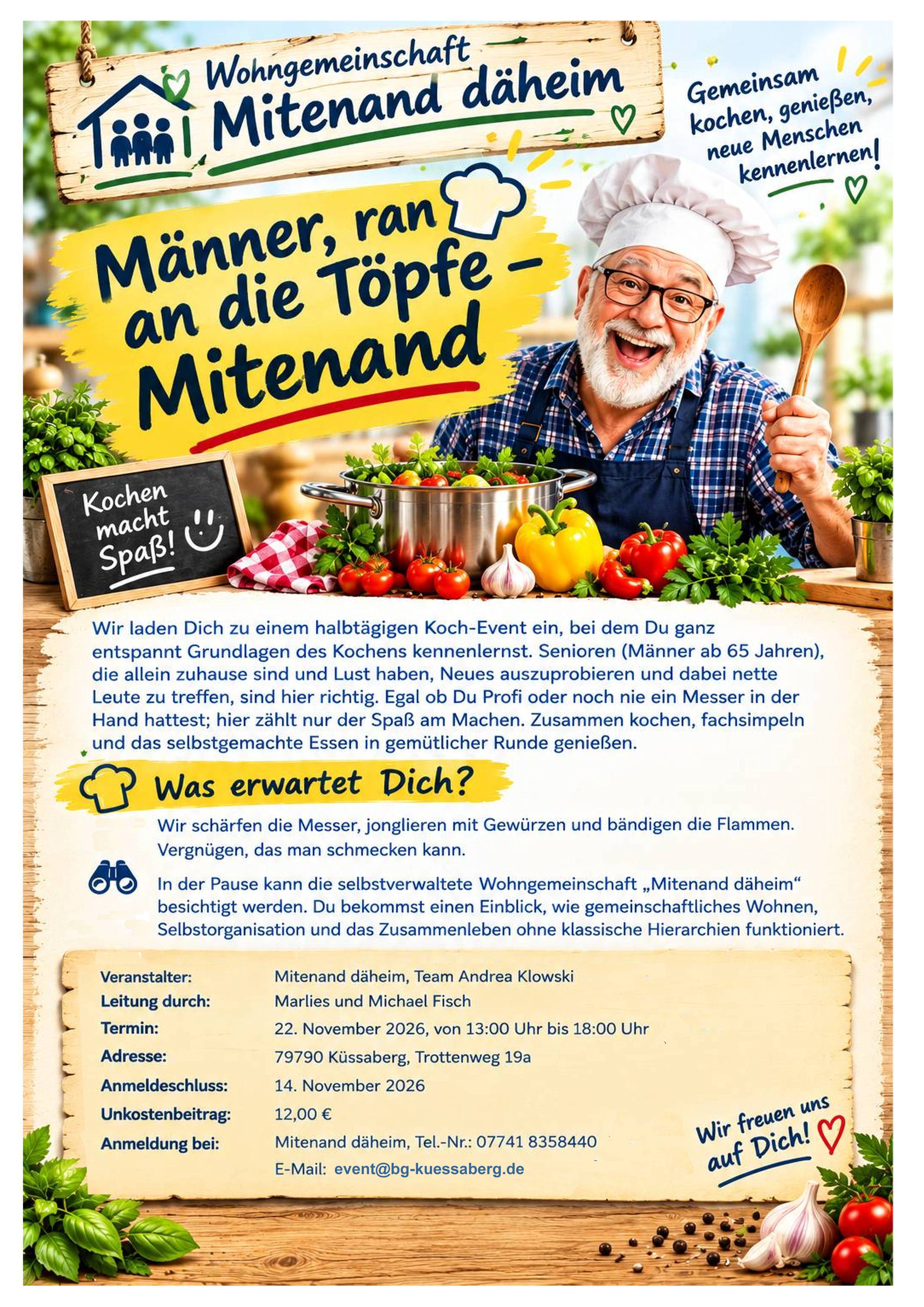 Das Bild zeigt ein farbenfrohes Plakat für ein Koch-Event für Senioren mit dem Titel "Männer, ran an die Töpfe – Mitenand", illustriert mit einem fröhlich lächelnden Mann in Kochkleidung neben einem Topf voller Gemüse.
