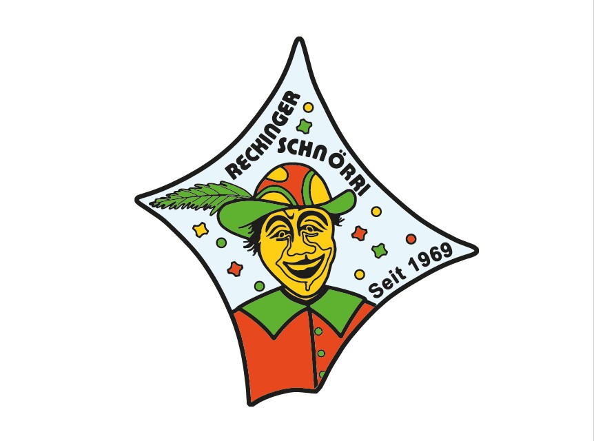 Ein buntes Emblem zeigt einen lächelnden Narr mit grünen Elementen im Hut, umgeben von Sternen und Kreisen, sowie die Aufschrift "Rechinger Schnörri Seit 1969".